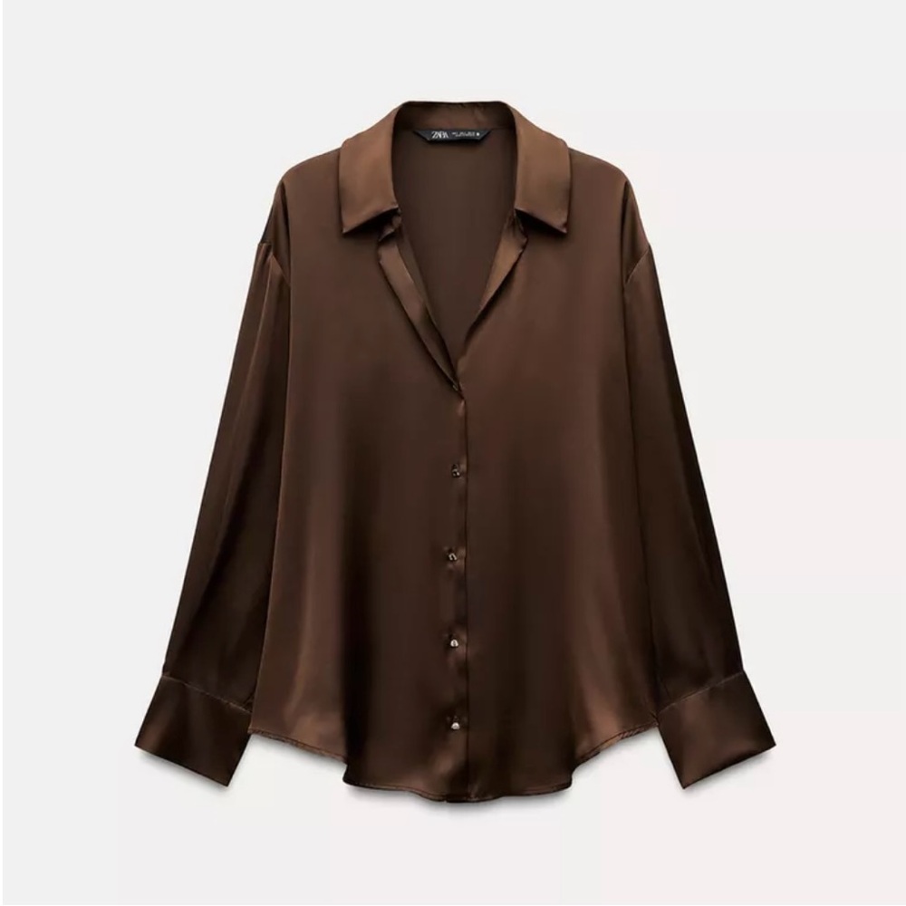 Zara Brown Satin Button-Up Blouse XS